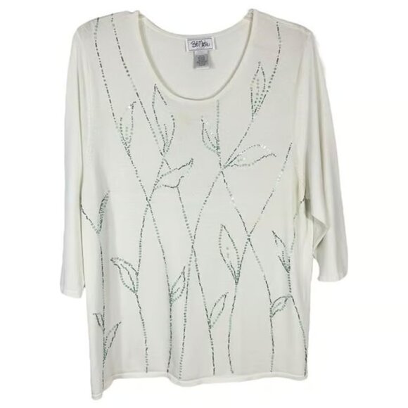 Bob Mackie Large Top Wearable Art White Green Beaded Knit Sequins Stretch - Picture 1 of 3